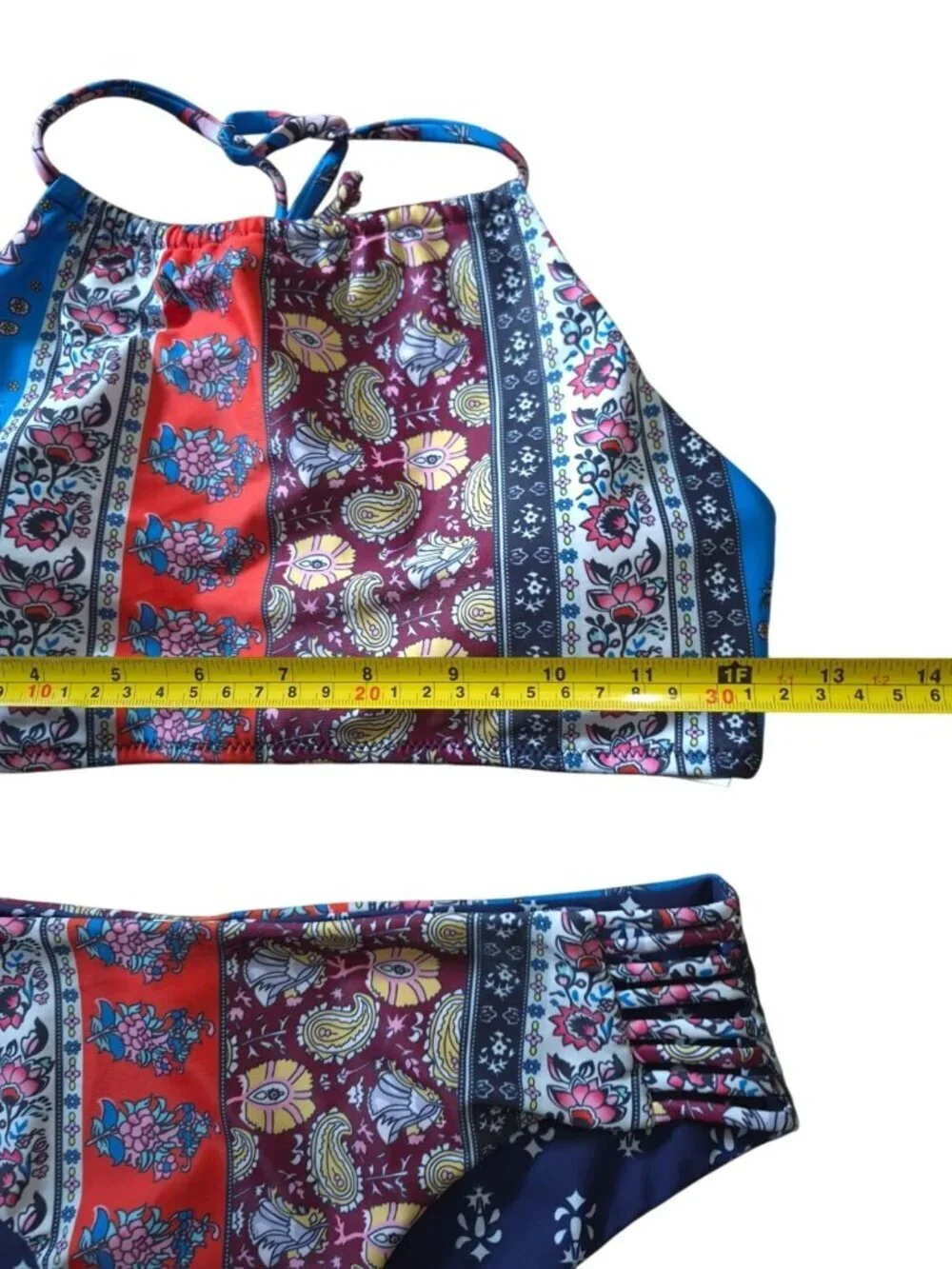 Boho High Neck Bikini Set Womens Medium Floral Paisley Print Swimwear Stretch.